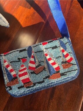 TikTok Handcrafted in India Sailboat Ocean Red White Blue Beaded Bag Coastal NWT